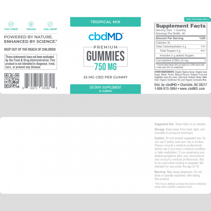 cbdMD gummies 750mg CBD oil - Ingredients - Herbane Health