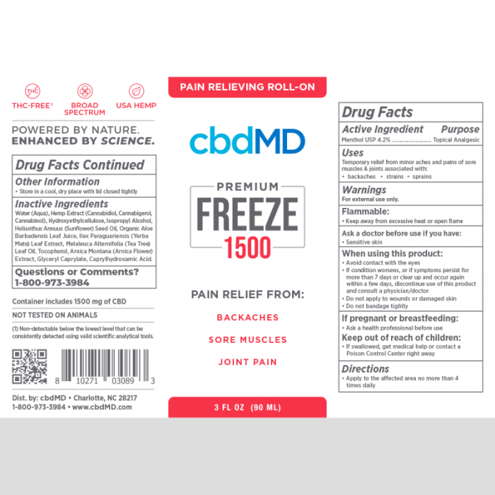 cbdMD Freeze Pain Relief Gel 1500mg Roll On