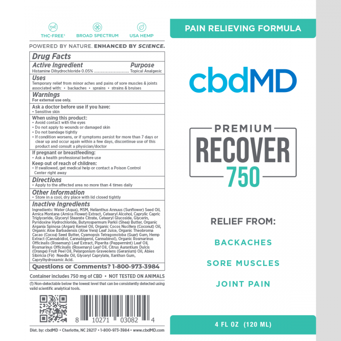 CBD Inflammation cream Recover 750mg Ingredients - Herbane Health
